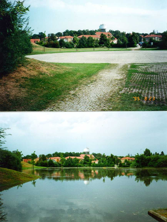 En parkyta kan användas som utjämningsmagasin. Övre bilden visar parkytan, undre bilden visar parkytan när det är översvämmad.