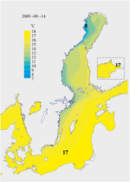 Karta över ytvattentemperatur i havet 14 september 2009