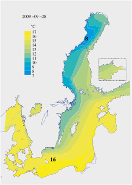 Karta över ytvattentemperatur i havet 28 september 2009 