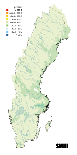 Karta över beräknad markvattenhalt i procent av den normala, 15 juni 2014. 