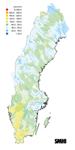 Karta över beräknad markvattenhalt i procent av den normala, 15 juli 2014. 
