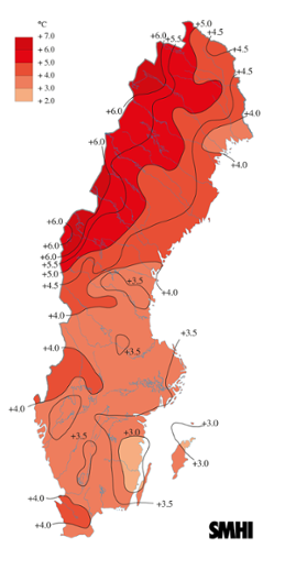 Medeltemperaturens avvikelse under juli 2014