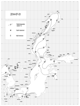Karta över ytvattentemperatur i havet 31 juli 2014