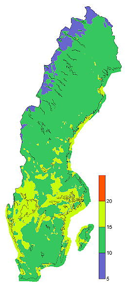 Längsta antal dygn utan nederbörd (ptHBV) 1961-1990