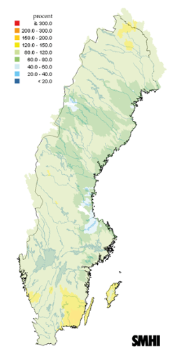 Karta över beräknad markvattenhalt i procent av den normala, 15 augusti 2014. 