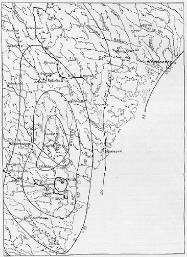 Karta över det översvämmade området i Norrland 1919