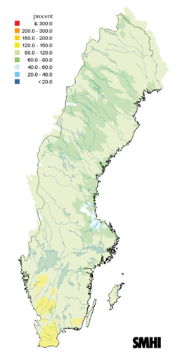 Karta över beräknad markvattenhalt i procent av den normala, 15 september 2014. 