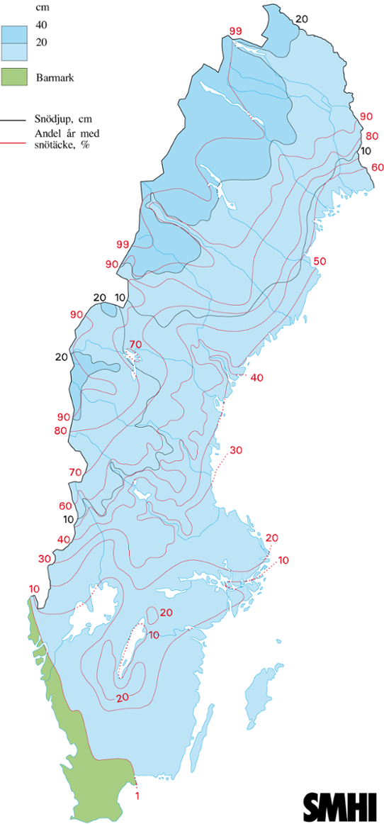 Normalkarta snödjup och andel år med snötäcke 15 november, 1961-1990 