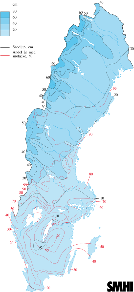 Normalkarta snödjup och andel år med snötäcke 15 december, 1961-1990 