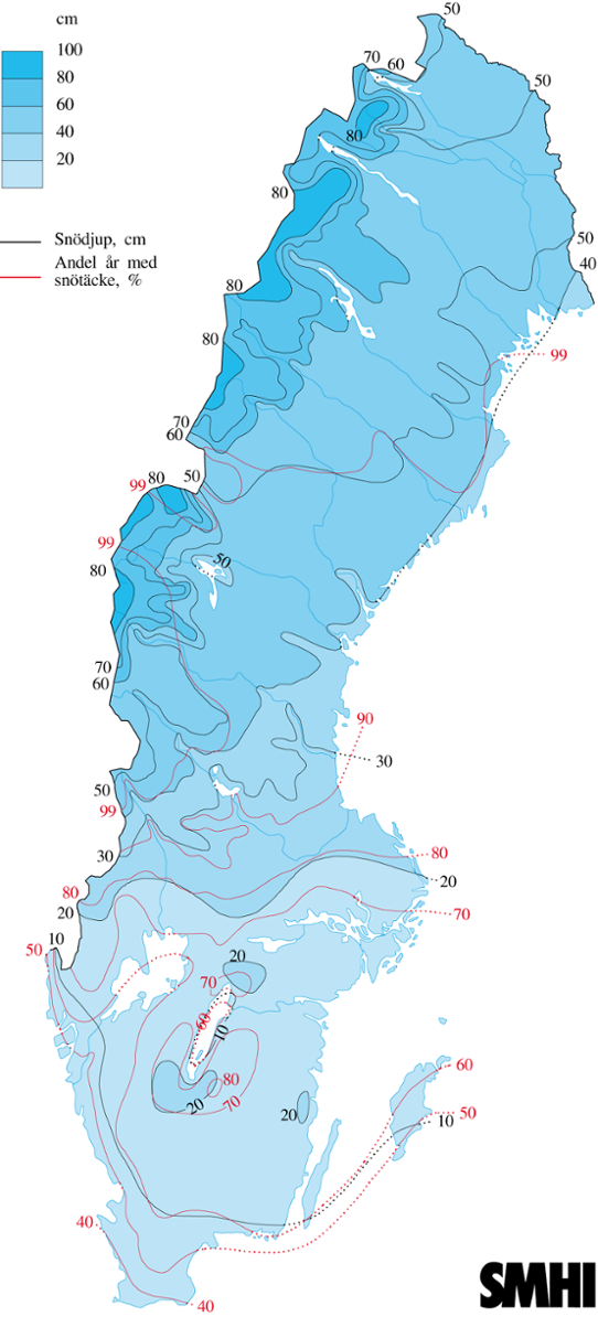 Normalkarta snödjup och andel år med snötäcke  15 januari, 1961-1990 