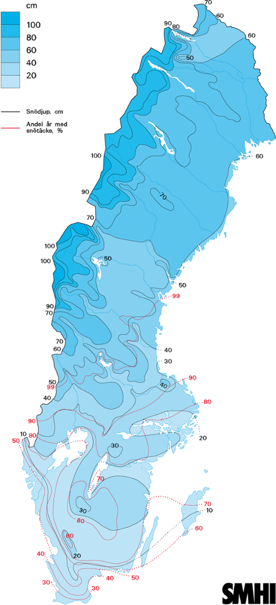 Normalkarta snödjup och andel år med snötäcke 15 februari, 1961-1990 
