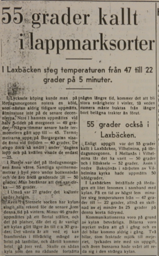Klipp från Västerbottenskuriren den 15 december 1941