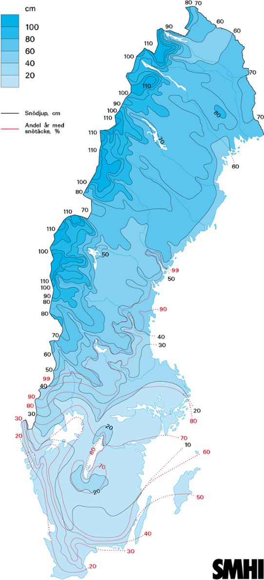 Normalkarta snödjup och andel år med snötäcke 15 mars, 1961-1990 