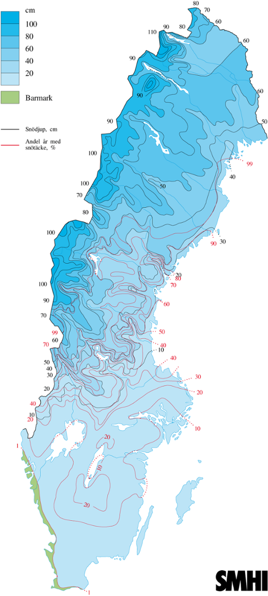 Normalkarta snödjup och andel år med snötäcke 15 april, 1961-1990 