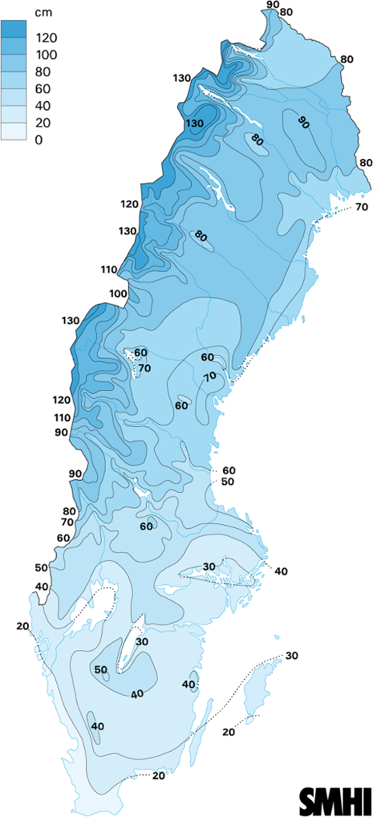 Normalkarta största snödjup under vintern, medelvärde 1961-1990