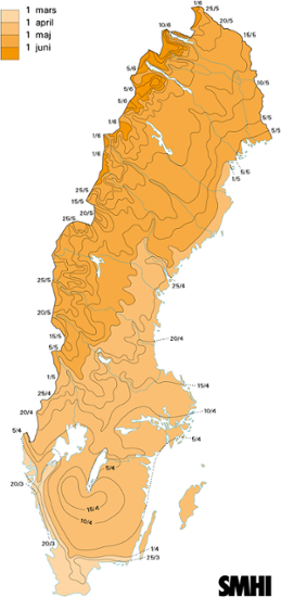 Normalkarta för sista dag med snötäcke, medelvärde 1961-1990 