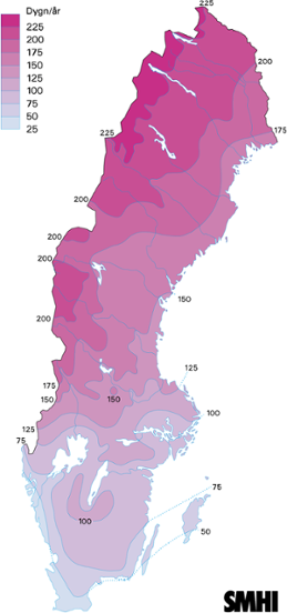 Normalkarta för antal dygn med snötäcke, medelvärde 1961-1990
