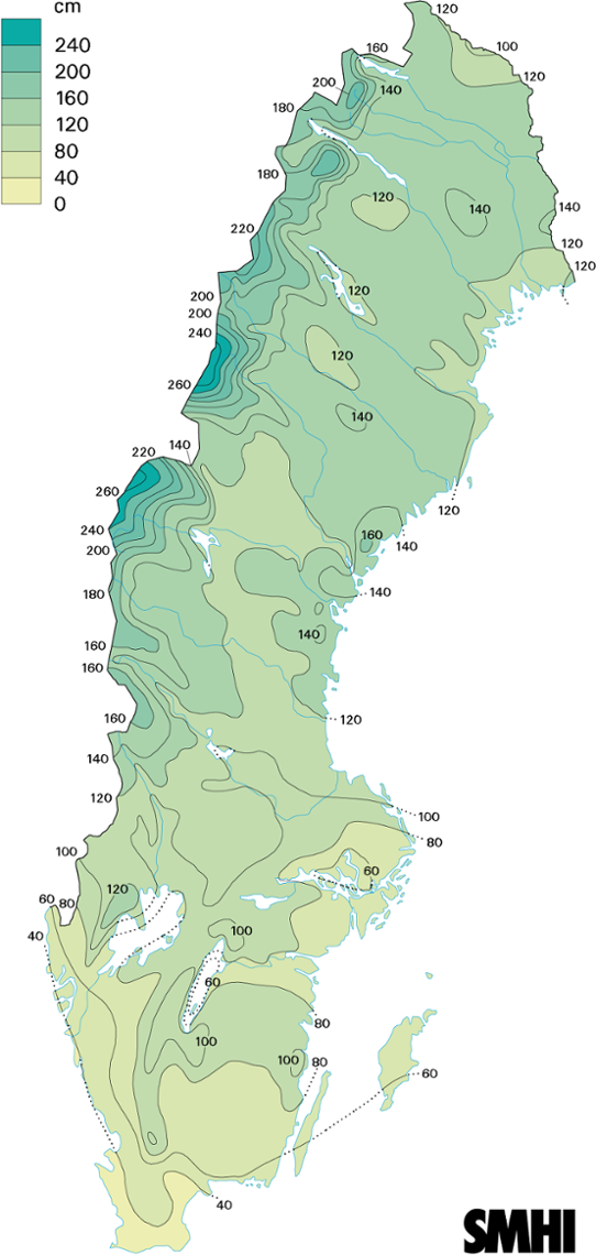 Normalkarta för största uppmätta snödjup 1961-1990 