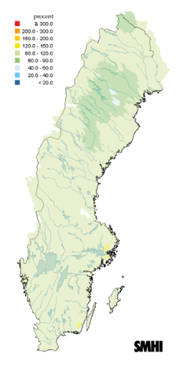 Karta över beräknad markvattenhalt i procent av den normala, 15 oktober 2014. 