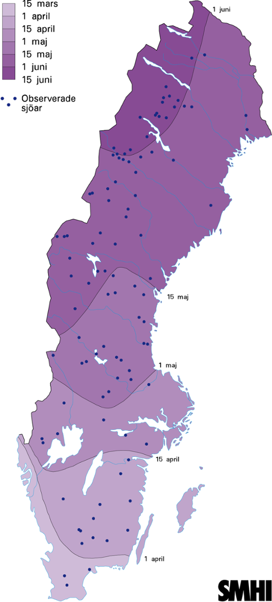Normalkarta islossning medelstora sjöar 10-100 km2, 1961-1990