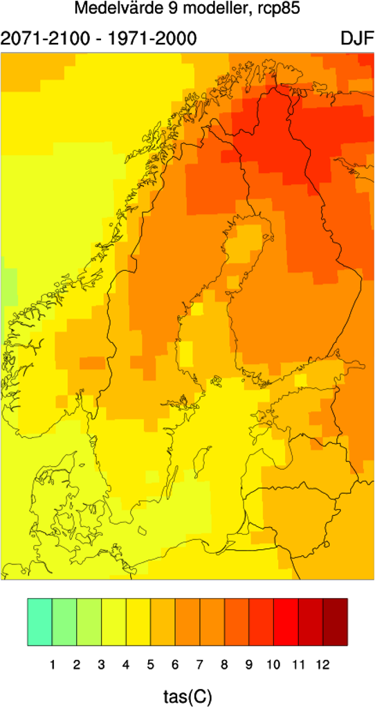 Karta över norden, utan island med färgade fält som illustrerar förändring av vintertemperatur