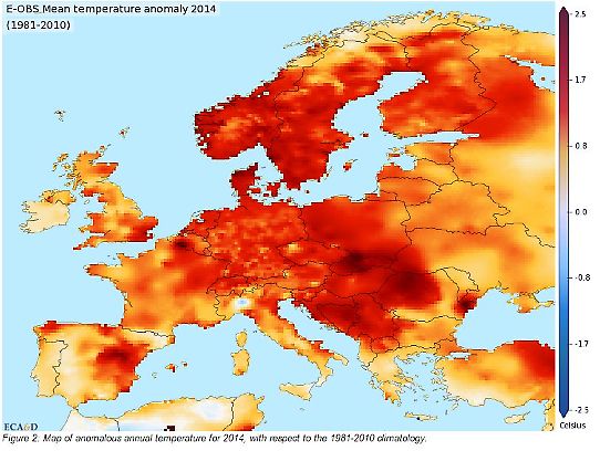 Medeltemperatur i Europa 2014. 