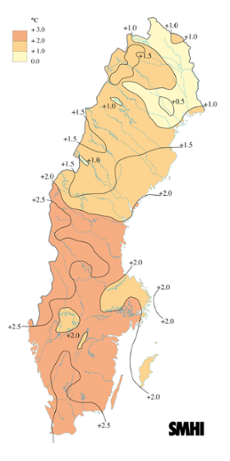 Karta över medeltemperaturens avvikelse från det normala under hösten 2014 