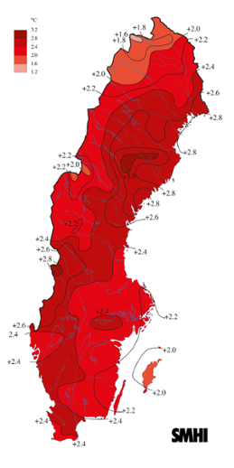 Karta över medeltemperaturens avvikelse från det normala för året 2014