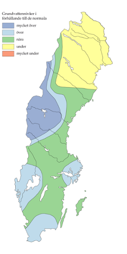 Karta över grundvattennivåer 15 februari 2015 enligt SGU