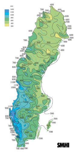 Karta över nederbördsumma i mm 2014. 