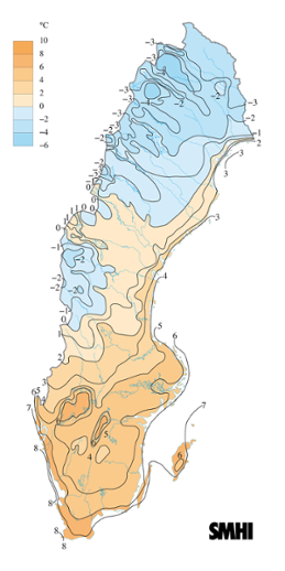 Karta över medeltemperaturen i oktober 2009