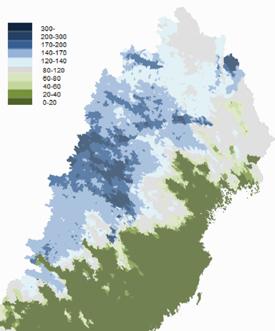 Karta över norra Sverige som visar att det är mer snö än normalt i fjällen.