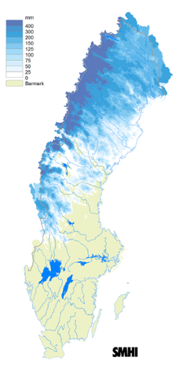 Karta över snötäckets beräknade vattenvärde 15 april 2015 