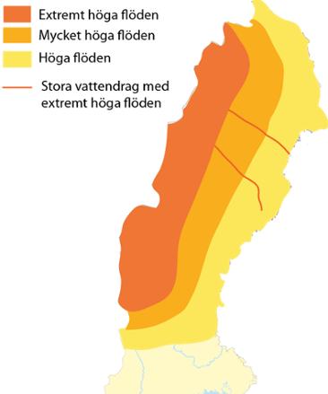 Karta över norra Sverige som visar område med mycket höga eller extremt höga flöden.