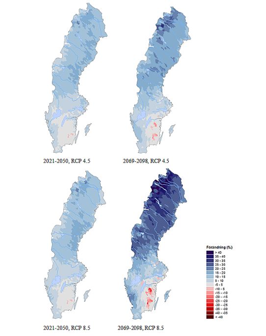 Fyra Sverigekartor visar förändrad vattentillgång
