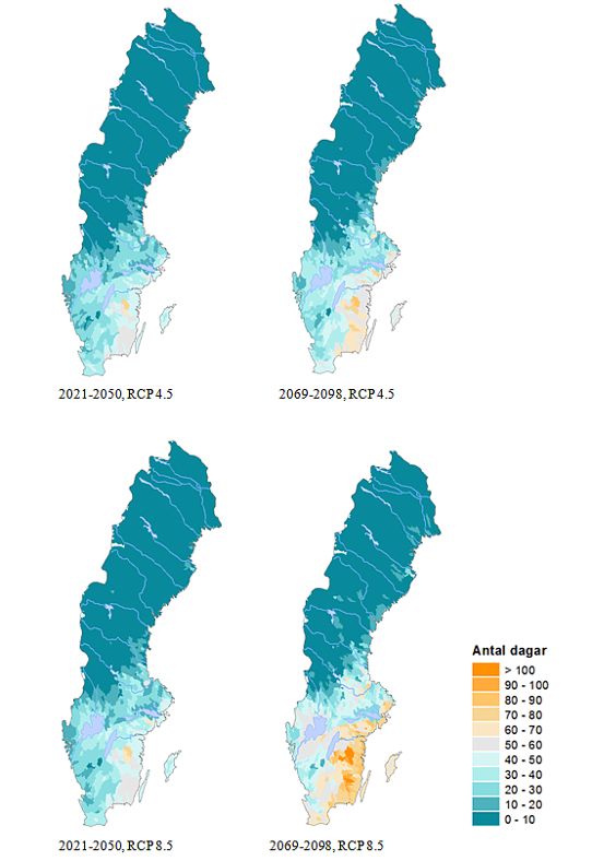 Fyra Sverigekartor visar lågvattenföring i framtiden