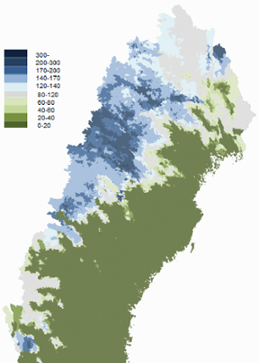 Snös vatteninnehåll i procent av normalt 13 maj 2015