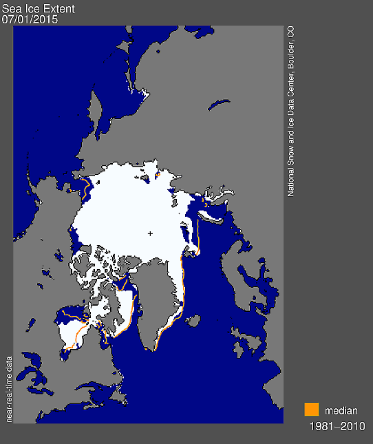 Utbredningen av den arktiska havsisen i månadsskiftet juni/juli.