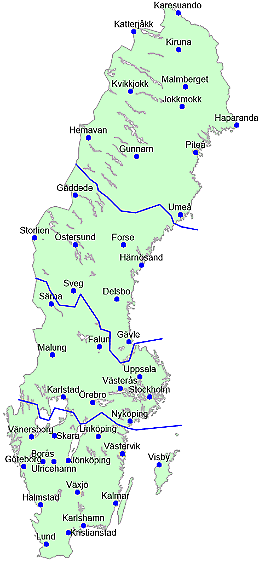 Kartan visar 43 stationer med serier från vintern 1904/05 till 2020/21.