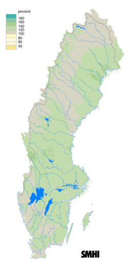 Karta över beräknad markvattenhalt i procent av den normala, 15 juli 2015.