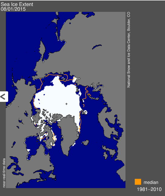 Utbredningen av den arktiska havsisen i månadsskiftet juli/augusti.