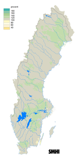 Karta över beräknad markvattenhalt i procent av den normala, 15 augusti 2015.