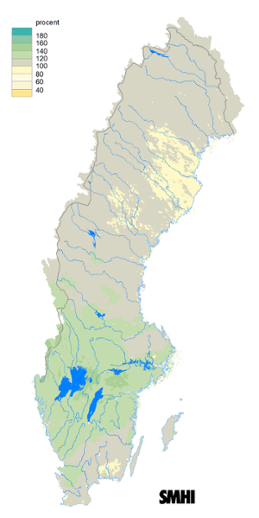 Karta över beräknad markvattenhalt i procent av den normala, 15 september 2015.