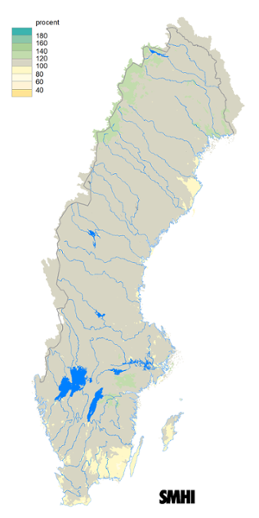 Karta över beräknad markvattenhalt i procent av den normala, 15 oktober 2015.