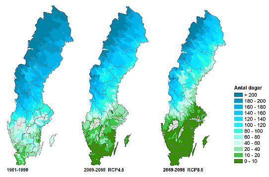 Tre kartor som visar förändring av snötäcket
