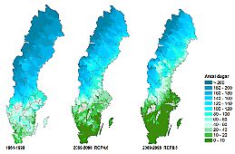 Tre kartor som visar förändring av snötäcket
