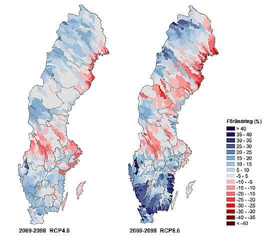 Två kartor visar scenarier för extrema vattenflöden