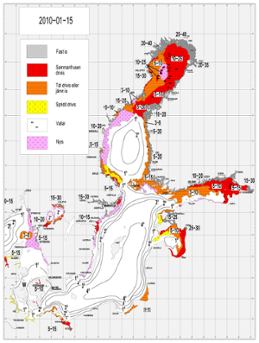 Karta över isutbredning och ytvattentemperatur i havet 15 januaril 2010