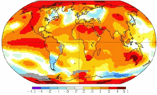 Figuren visar temperaturavvikelsen globalt för oktober 2015 jämfört med normalperioden 1951-1980. Grå färg representerar områden där data saknas.