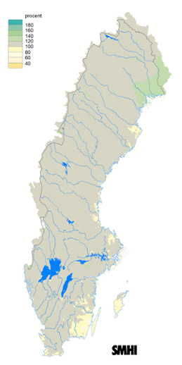 Karta över beräknad markvattenhalt i procent av den normala, 15 november 2015.